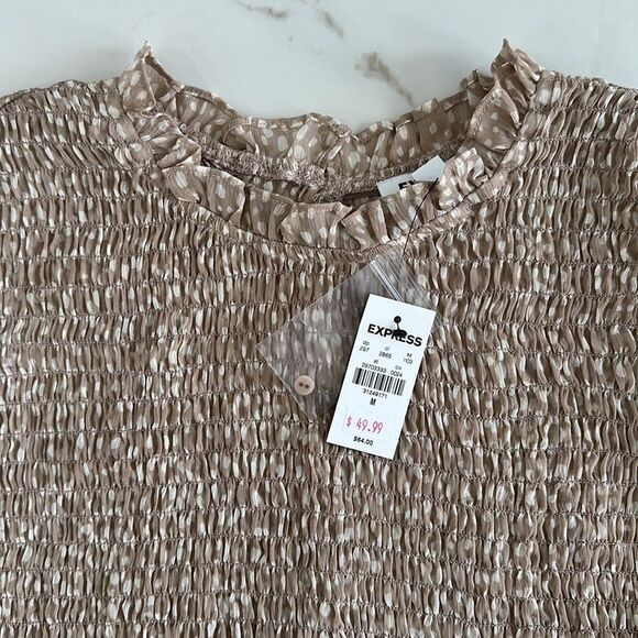 NWT Express Printed Smocked Ruffle Neck Puff Sheer Sleeves Top Sz M - Picture 5 of 12